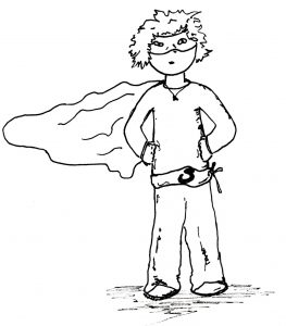 Illustration en noir et blanc d'un petit garçon déguisé en super héros, auteur Peggy Genestie